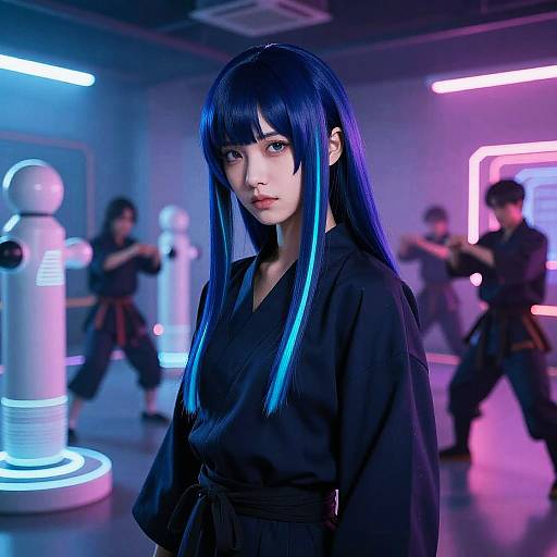 Photorealistic CGI of a blue-haired woman in a black martial arts uniform, standing in a neon-lit room with blurred martial artists in the background