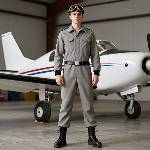 Photograph of a young man in a gray aviator jumpsuit and black boots, standing in front of a small white aircraft in a hangar.