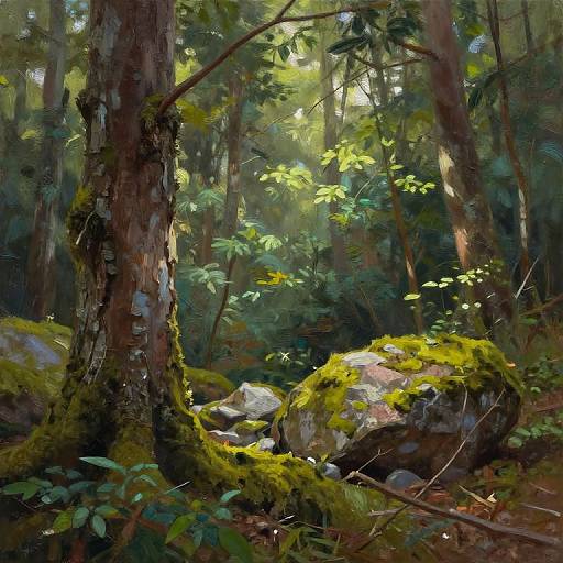 Photorealistic painting of a sunlit forest, showcasing tall trees with moss-covered trunks, lush green foliage, and sunlight filtering through.