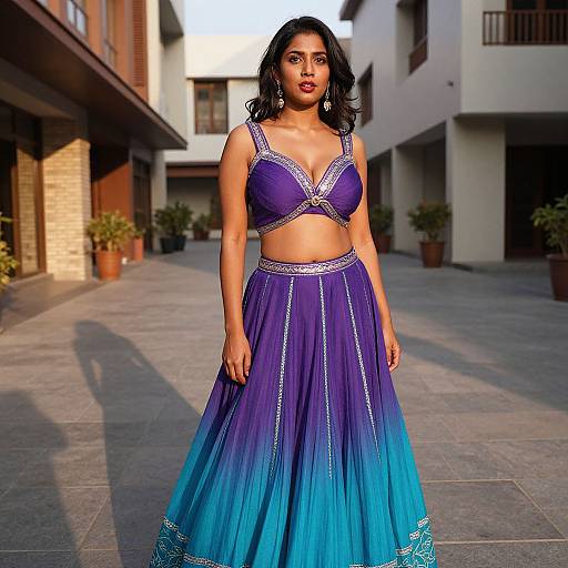 Photograph of a young South Asian woman with medium skin tone, wearing a vibrant blue and purple traditional lehenga choli, standing in a sunlit
