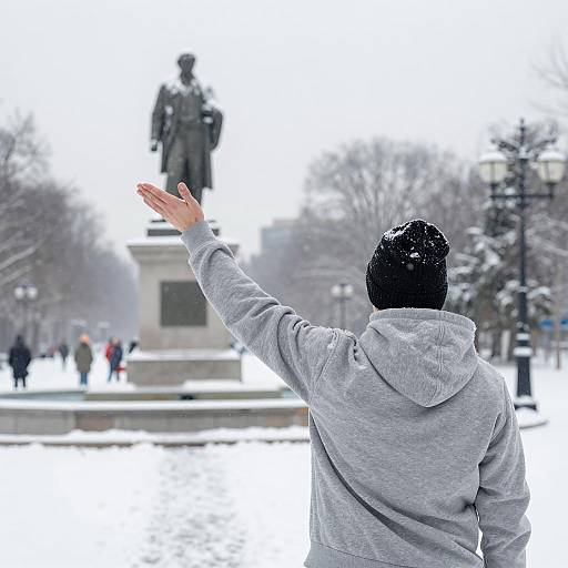 Person Gesturing at Snow-Covered Statue in Winter Park