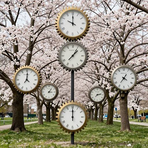 Photograph of seven large, round, gold-edged clock faces with black hands and Roman numerals, set among blooming cherry blossom trees in a