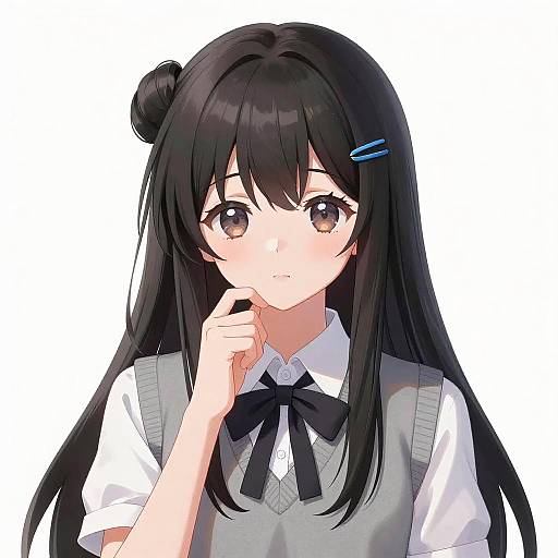 Anime Girl with Twin Buns and Thoughtful Expression
