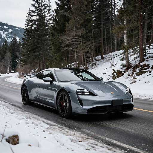 Photograph of a sleek, silver Porsche 918 Spyder speeding down a snow-covered, forested mountain road with tall pine trees in the background.