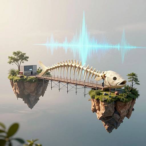 Digital artwork of a skeletal fish bridge connecting two floating rock islands with a small house, trees, and a person. Blue sonic waves in the background.