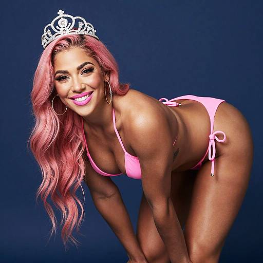 Photograph of a smiling woman with pink hair, wearing a pink bikini, silver tiara, large hoop earrings, bending forward against a dark blue background