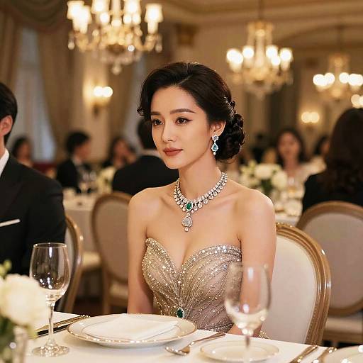 Photograph of an elegant East Asian woman with dark hair in an updo, wearing a strapless, beaded gown, necklace, and earrings,
