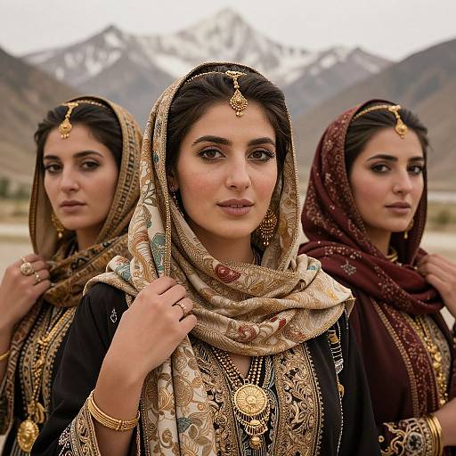 Photograph of three South Asian women in ornate traditional attire with gold jewelry and headscarves, standing against a mountainous backdrop.