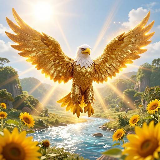 Golden eagle with outstretched wings soaring over sunlit sunflower field and sparkling river, surrounded by green trees and mountains. Digital art.