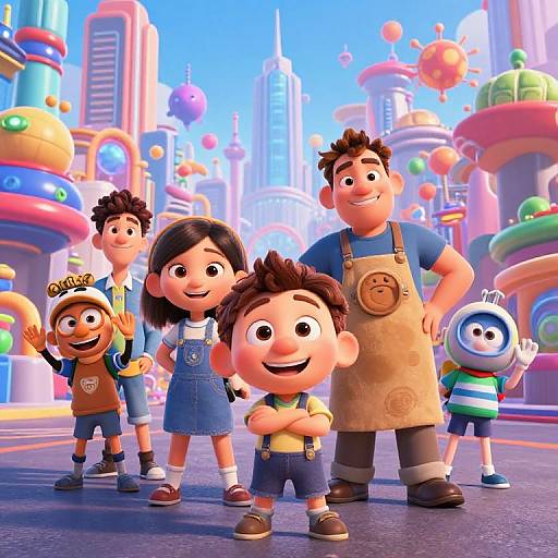CGI image of a cheerful family with three boys and a father in an overalls, standing in a colorful, futuristic cityscape.