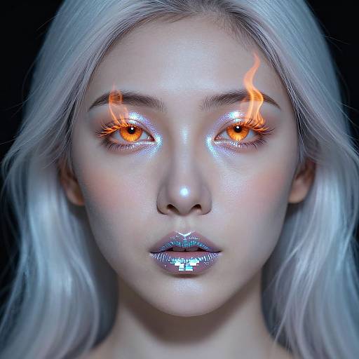 Digital portrait of a pale-skinned woman with white hair, glowing blue lips, and fiery orange eyes with flame-like details.