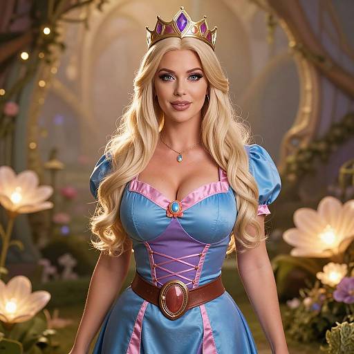 Photorealistic digital art of a blonde woman with long wavy hair, wearing a blue princess dress, pink accents, crown, and necklace, standing