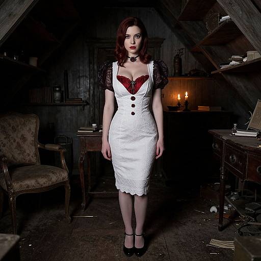 Photograph of a pale-skinned woman with red hair in a white lace dress with black buttons, revealing red lace lingerie, standing in a dimly