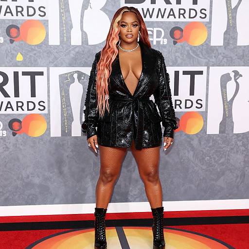 Photograph of a confident Black woman with long pink-dyed hair, wearing a deep V-neck black sequin romper and black ankle boots,