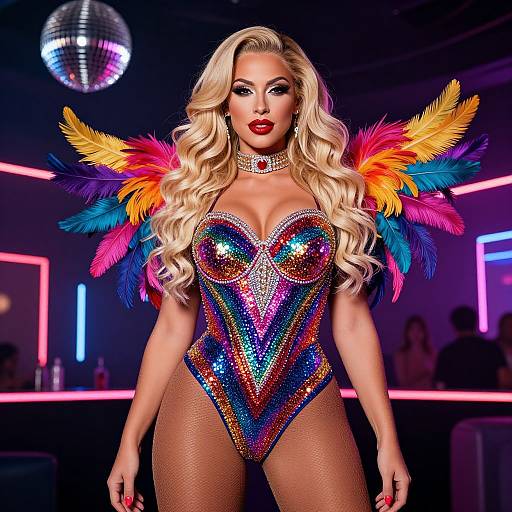 Blonde woman with long curls in a sparkly, multicolored, heart-shaped bodysuit with rainbow feather wings, standing in a neon-l
