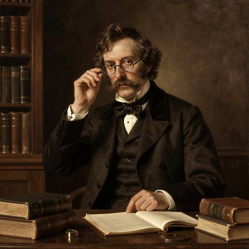 Photograph of a middle-aged, bespectacled man in Victorian attire, adjusting his glasses, surrounded by books and papers on a wooden desk,