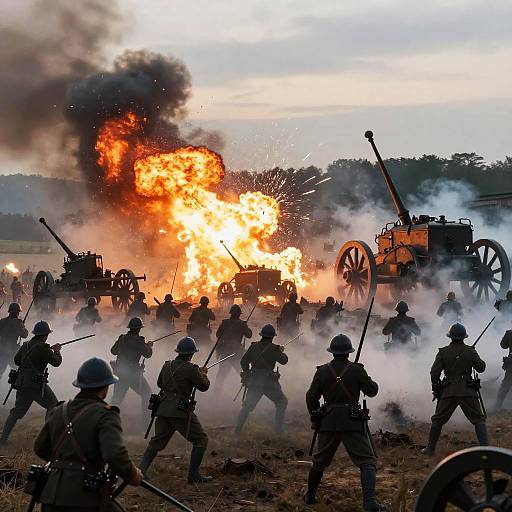 Photograph of intense battlefield scene: soldiers in dark uniforms and helmets charge towards blazing cannons, surrounded by thick smoke and bright orange flames.