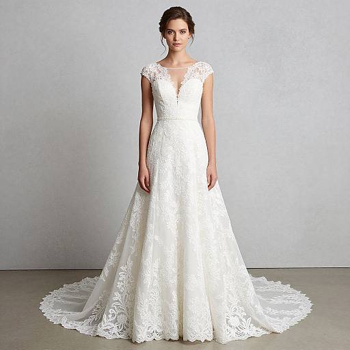 Photograph of a brunette woman in a white, lace, sleeveless wedding gown with a V-neck and full, flowing skirt standing against a plain,