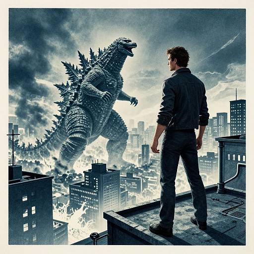 Digital artwork: Man in dark jacket and pants stands on rooftop, facing giant, roaring Godzilla destroying city skyline under dramatic clouds.