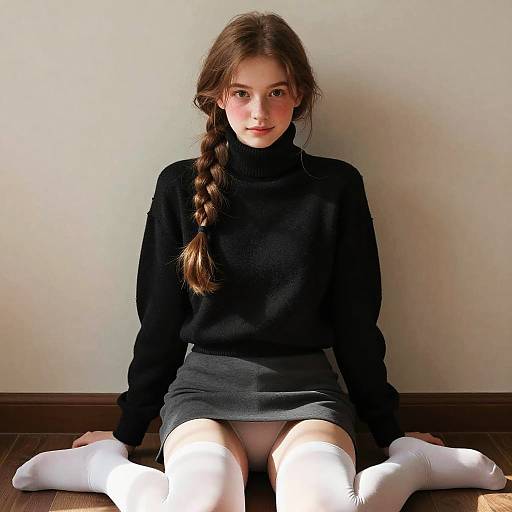 Photograph of a young woman with light skin and brown hair in a braid, wearing a black turtleneck, gray skirt, and white thigh