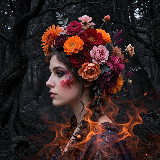 Photograph-style digital artwork of a pale-skinned woman with braided brown hair, wearing a vibrant flower crown, dark makeup, and fiery orange flames