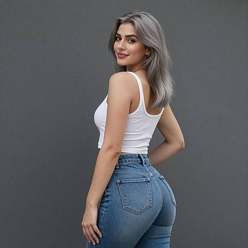 Young Woman Posing Against Gray Wall