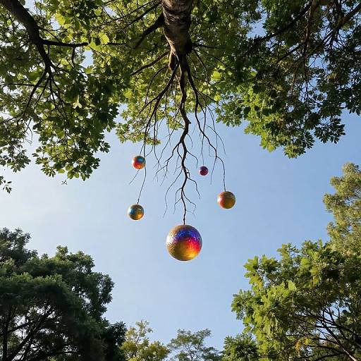 Photograph of colorful, glowing orbs hanging from tree branches against a clear blue sky, surrounded by dense green foliage.