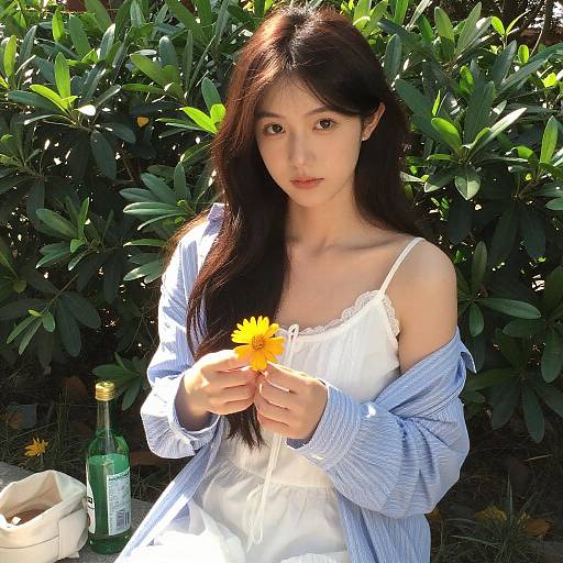 Young Woman Outdoors with Yellow Flower