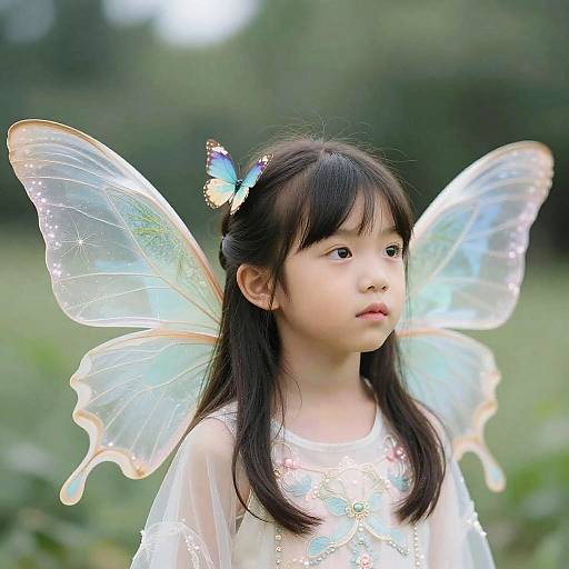 Photograph of an Asian girl with long black hair, wearing translucent fairy wings and a white dress, with a blue butterfly on her head, standing in