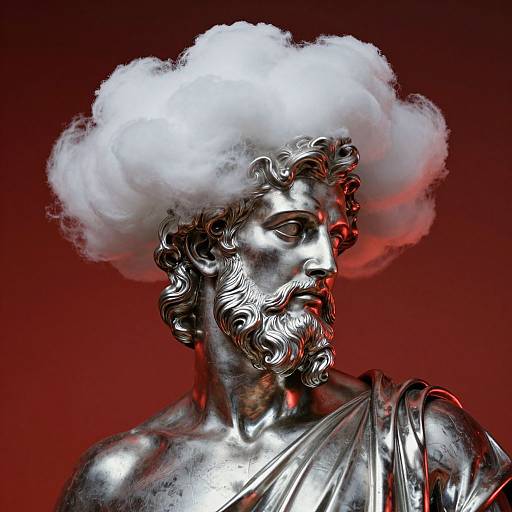 Photorealistic digital artwork of a silver classical statue with curly hair and beard, wearing a fluffy white cloud-like hat, against a red background.