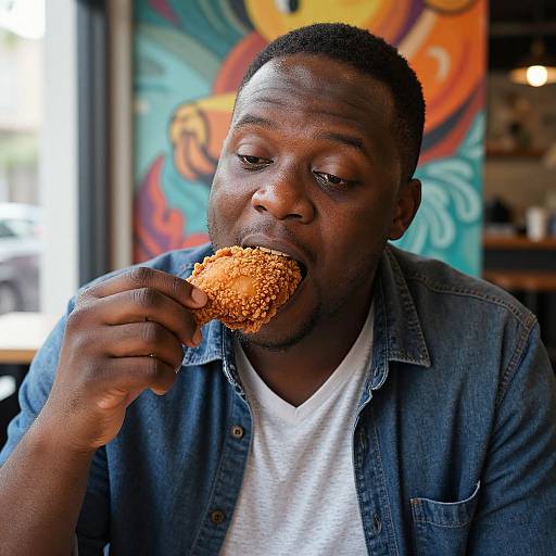 Photograph of a Black man with short hair, wearing a blue denim shirt over a white tee, eating a crumbly, golden-brown don