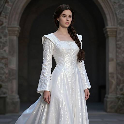 Photorealistic CGI of a young woman with long dark hair in a white, long-sleeved, medieval-style gown, standing in a stone arch