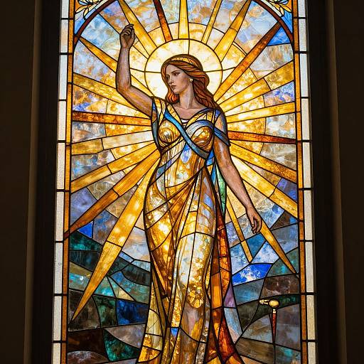 Stained glass artwork of a radiant, golden-robed woman with long brown hair, standing against a sunburst background, with blue and orange hues.