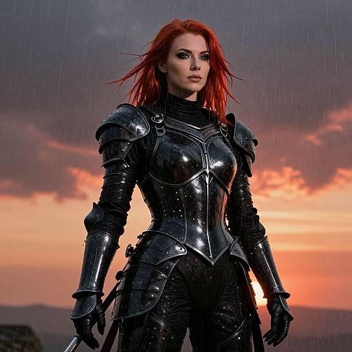 Photograph of a fierce red-haired woman in shiny black armor standing in the rain at sunset, with dramatic, orange-pink clouds in the background.