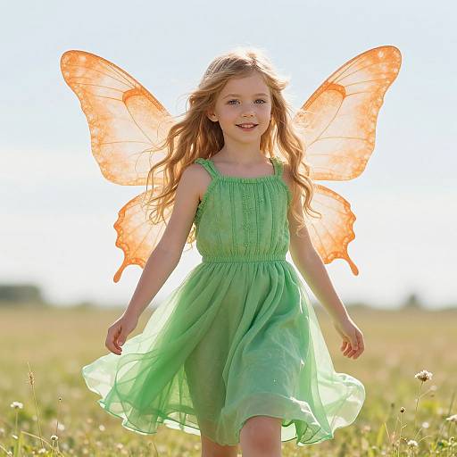Photograph of a smiling young girl with long, wavy blonde hair, wearing a green dress and glowing orange fairy wings, standing in a sunlit