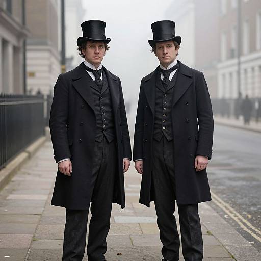 Photograph of two pale-skinned men in Victorian-style black top hats, long coats, and vests standing on a foggy, empty street.
