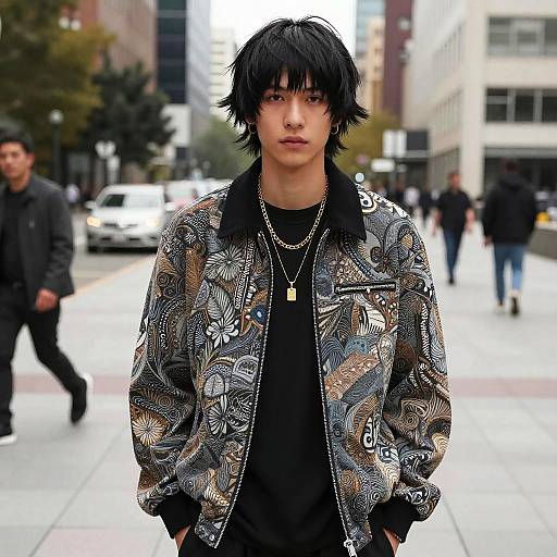 Photograph of an East Asian man with black, shaggy hair, wearing a patterned jacket, black shirt, and necklace, standing in a