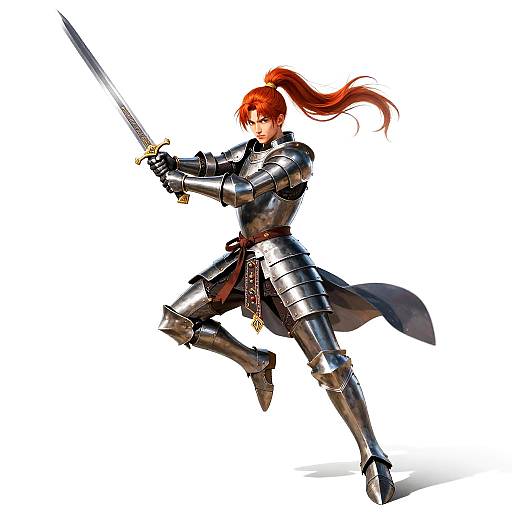 Digital artwork of a red-haired female warrior in shiny black armor, holding a sword, mid-action, with a long ponytail flowing. White background.