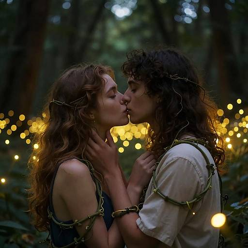 Photograph of a curly-haired couple, kissing passionately in a dim, enchanted forest, adorned with fairy lights and vines, wearing white and dark clothing.