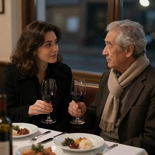 Older Man and Woman Toasting with Red Wine in Restaurant