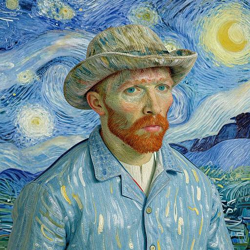 Digital art of Vincent van Gogh with red beard, blue shirt, and hat, against a swirling blue and yellow 