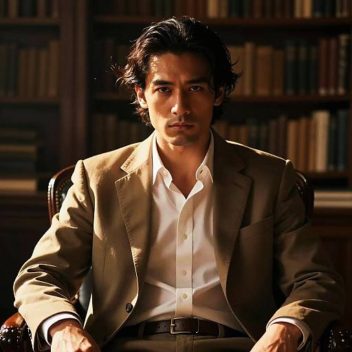 Photograph of a serious, dark-haired man in a beige suit and white shirt, seated in a dimly lit library, with bookshelves in
