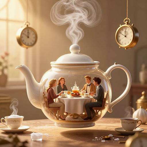 Photograph of four miniature people sitting inside a steamy, transparent teapot, dining at a table, with two vintage clocks in the background.