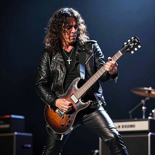 Photograph of a long-haired, middle-aged man in black leather jacket and pants, playing a sunburst electric guitar on stage.