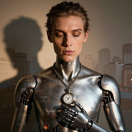 Photograph-like digital artwork of a metallic android woman with short brown hair, holding a pocket watch, shadowed by city skyline.