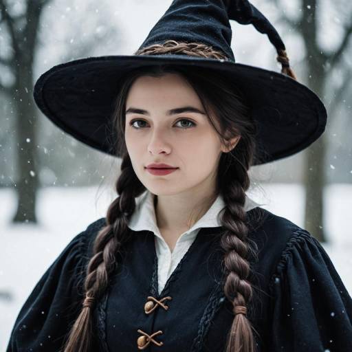 Young Woman in Witch Costume in Snow