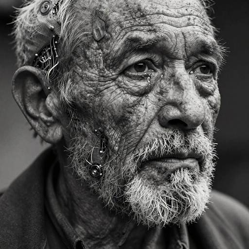Black-and-white close-up photograph of an elderly, weathered man with deep wrinkles, white beard, and hair, wearing a dark shirt, with textured