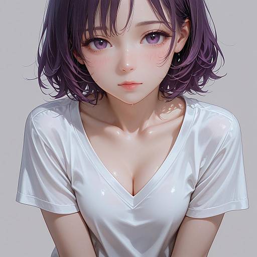 Portrait of Girl with Purple Hair and Eyes in White V-Neck Shirt