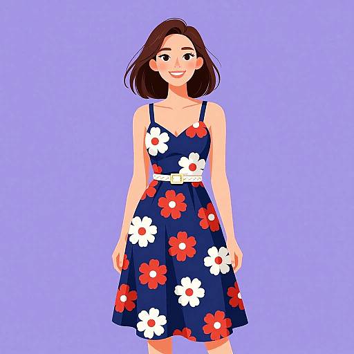 Digital illustration of a smiling woman with brown hair, wearing a navy blue dress with red and white floral patterns, against a light purple background.