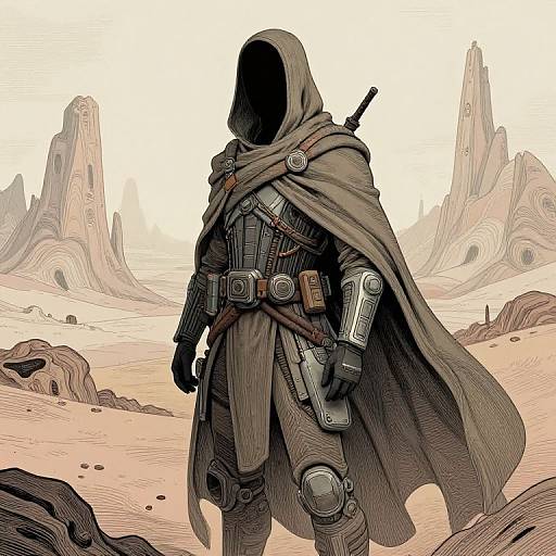 Mysterious hooded figure in futuristic armor stands in a desert landscape with towering, rocky structures in the background. Digital art.